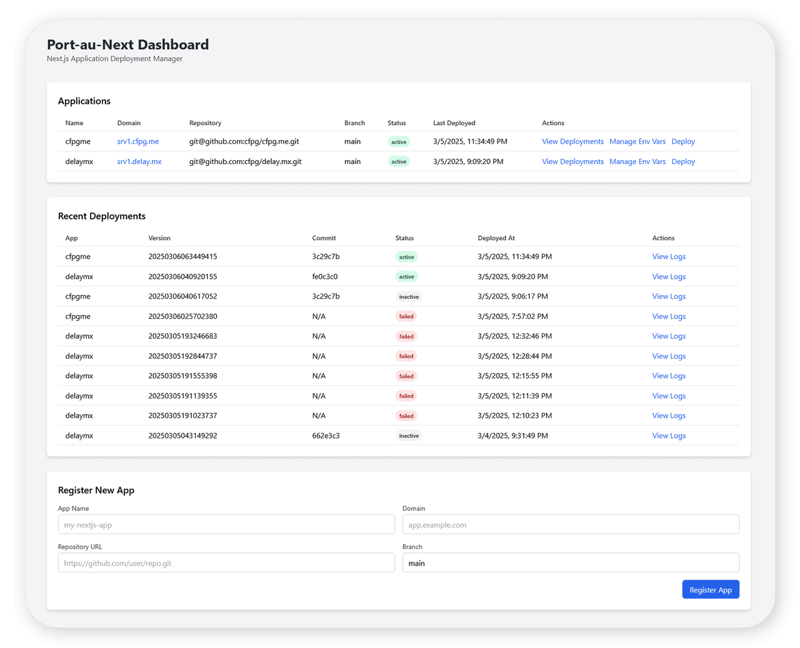 Port-Au-Next Deployment Manager UI screenshot